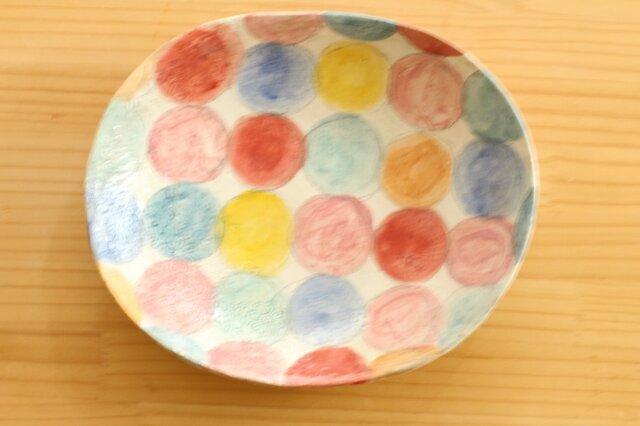 ※受注制作 粉引きカラフルドットのオーバル皿。の画像1枚目