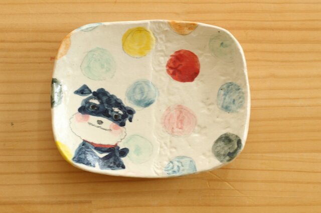 ※受注制作 粉引きカラフルドットとミニチュアシュナウザーのスクエアケーキ皿。の画像1枚目