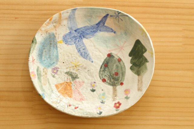粉引き幸せの青い鳥オーバル皿。の画像1枚目