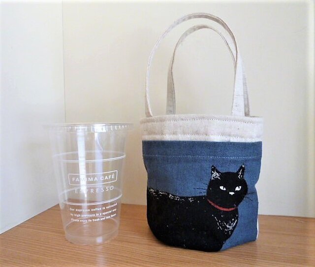 超便利☆コンビニコーヒー収納ミニトートバッグ(大)*黒猫ダークブルーの画像1枚目