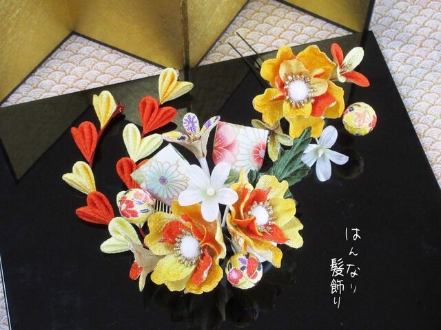 七五三 成人式 和装 着物髪飾り 黄橙系 和 着物ヘアアクセサリーの画像1枚目
