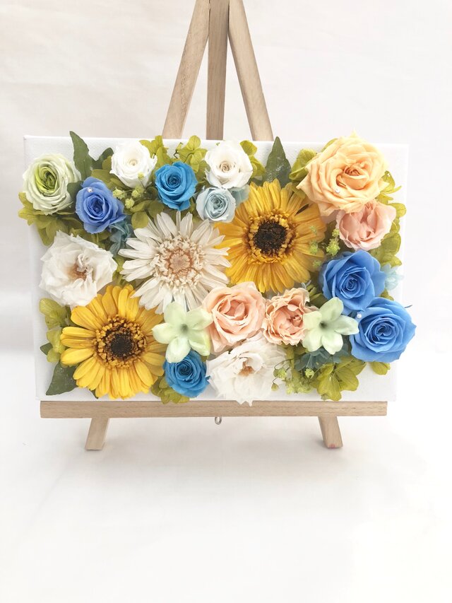 【プリザーブドフラワー/ガーベラと薔薇に爽やかさと希望、優しさをのせて/キャンバスアレンジ】の画像1枚目