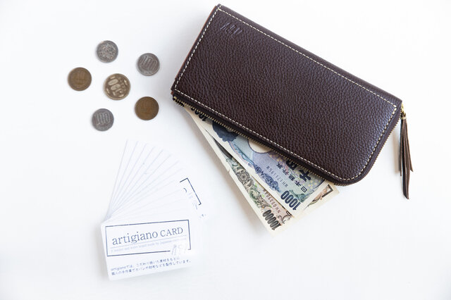 姫路産 グロスシュリンクレザー L字ファスナー長財布 牛革 ブラウン 茶