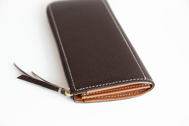 姫路産 グロスシュリンクレザー L字ファスナー長財布 牛革 ブラウン 茶