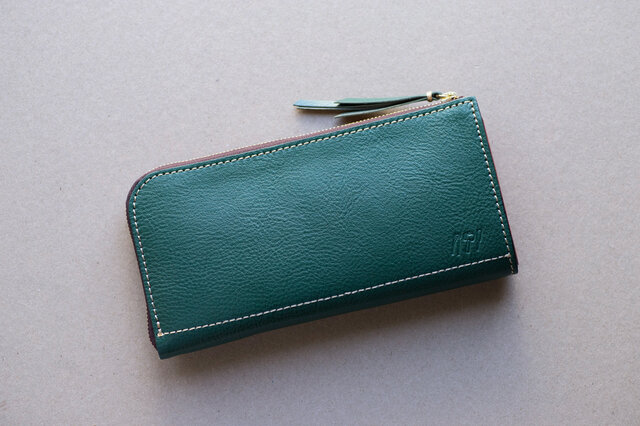 姫路産 グロスシュリンクレザー L字ファスナー長財布 牛革 グリーン 緑