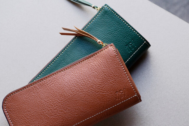 姫路産 グロスシュリンクレザー L字ファスナー長財布 牛革 グリーン 緑