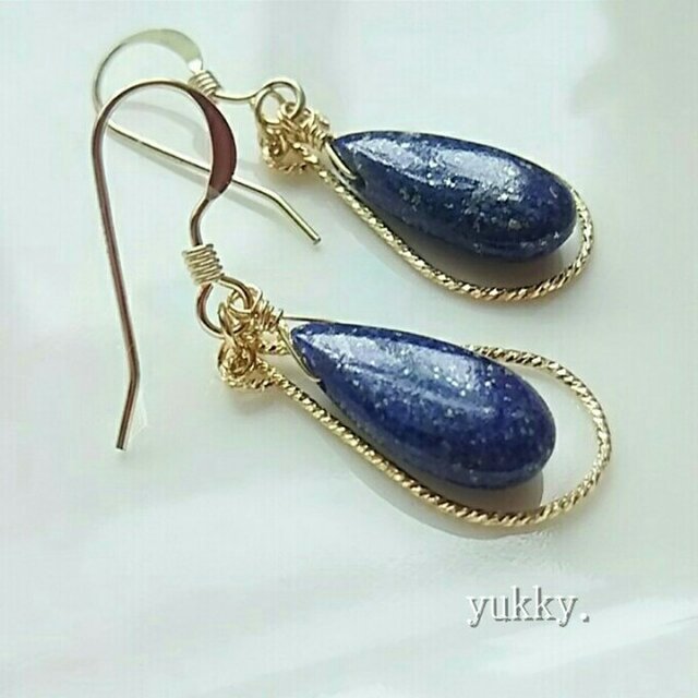 高品質ラピスラズリ＊フラットドロップ14Kgfグリッターピアス