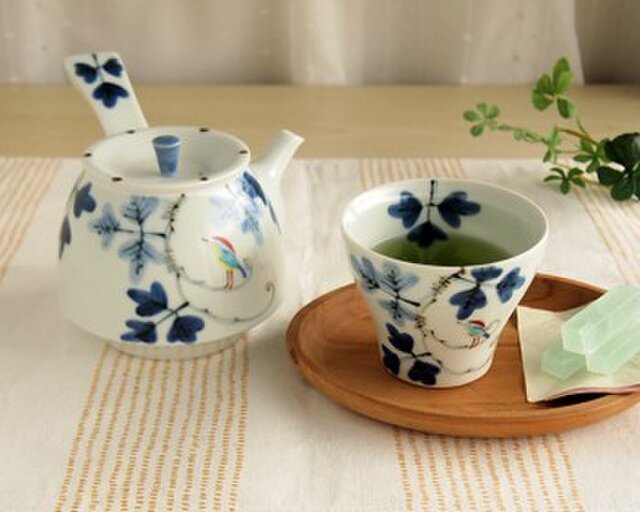 Amazon.co.jp: 平安 草泉 作 染付 山水文 煎茶器(煎茶碗五客