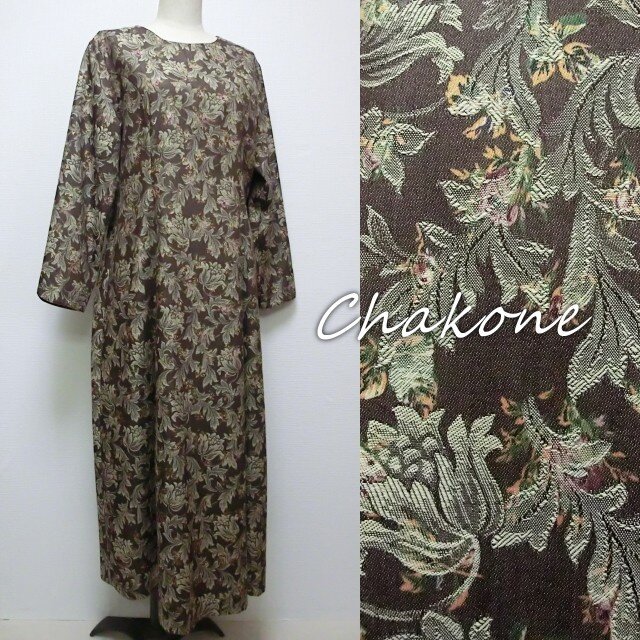 【ワンピース】大人のエレガント・ロングワンピース(長袖) 花柄 ジャガード YUWA