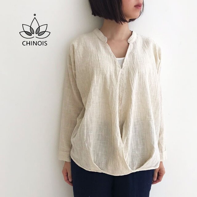 再販5！M~LLサイズ、体型カバー裾ねじり手織りコットンリネン長袖ブラウス
