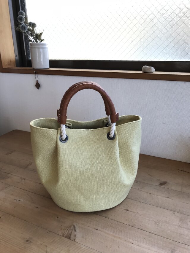 再販♦︎ベルギーリネンのトート(小)♢キイロ×茶の画像1枚目