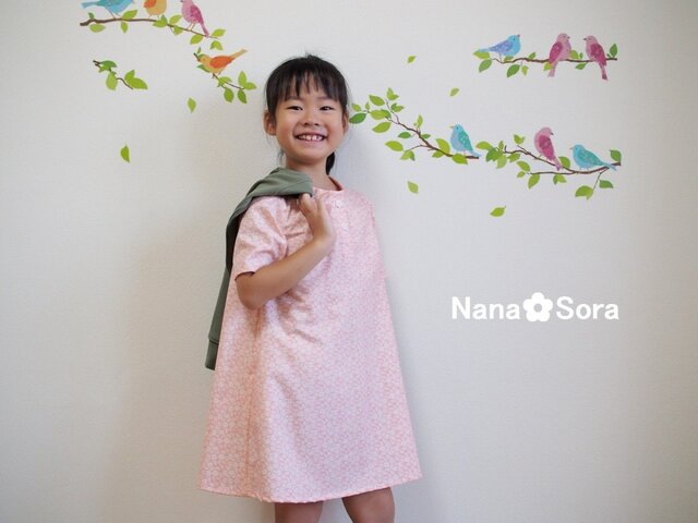 size100/110/120 USAコットン・ヘンリーネックのレトロAラインワンピース(デイジー・ピンク)の画像1枚目