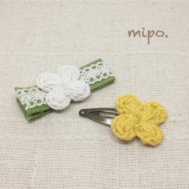 【2点セット】小花のベビークリップとパッチンどめ コットン毛糸《受注制作》の画像1枚目