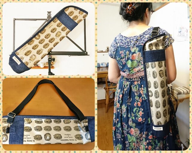 譜面台専用のバック/ハリネズミ・たわし柄/ブルーデニムの画像1枚目