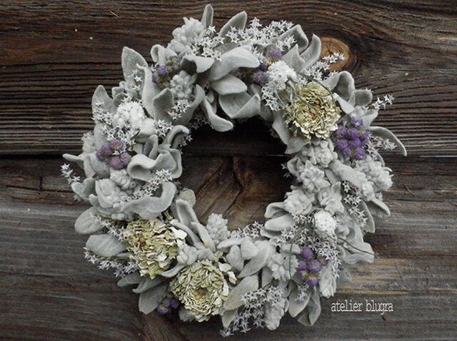 atelierBLUGRA八ヶ岳〜(新作)ジニアとラムズイヤーのWreath01の画像1枚目