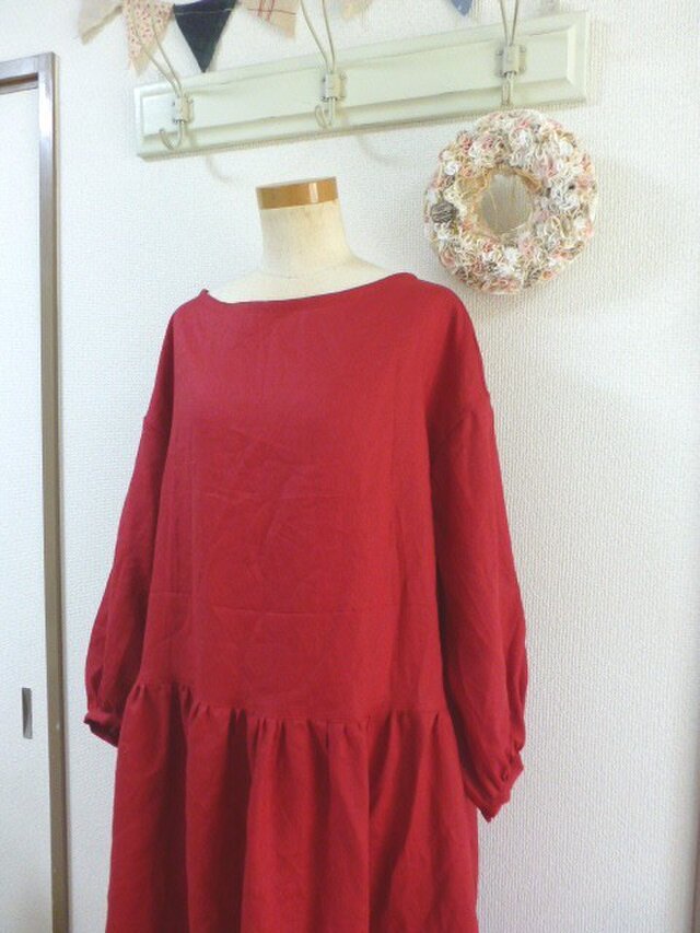 ダークレッド リネン100 生地 バルーンスリーブワンピース Ml Iichi ハンドメイド クラフト作品 手仕事品の通販