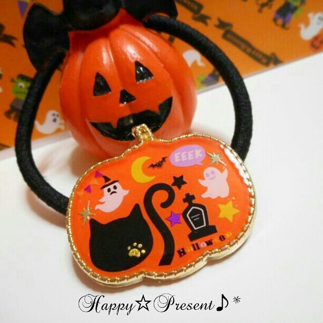 黒猫のHalloweenオレンジ大人可愛いおばけカボチャ型ヘアゴム❤✨ 送料無料の画像1枚目