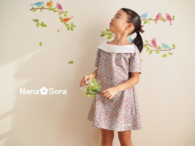 size110 USAコットン・上品えりのレトロAラインワンピース(木の実ドット・グレー)の画像1枚目