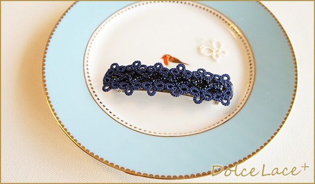 手編みタティングレースのバレッタ*Navy*Lサイズの画像1枚目