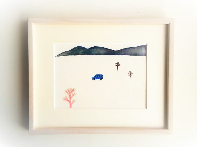「青い車で」イラスト原画/額縁入りの画像1枚目