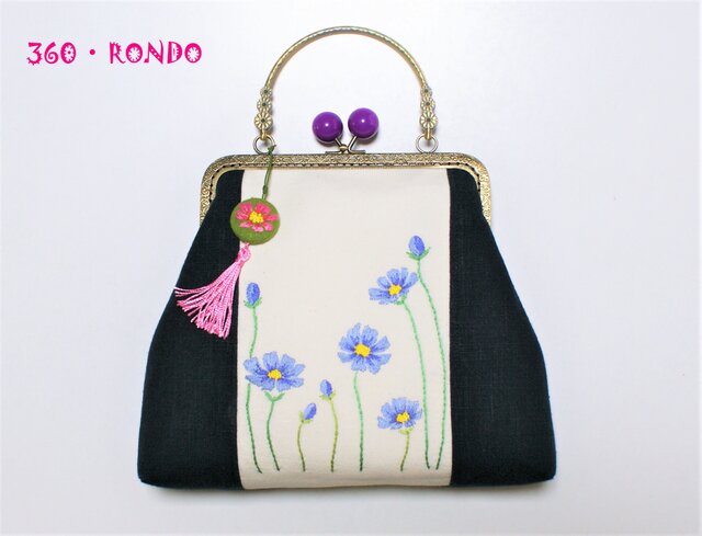 「コスモス・風に揺れる花刺繍(b) バッグ」海外リネン・洋服にも着物にも♪の画像1枚目