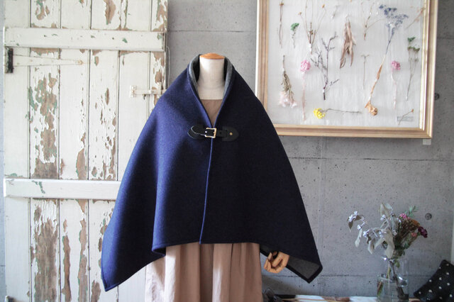 ネイビーxグレー ○二重織りウールポンチョ○ | iichi 日々の暮らしを