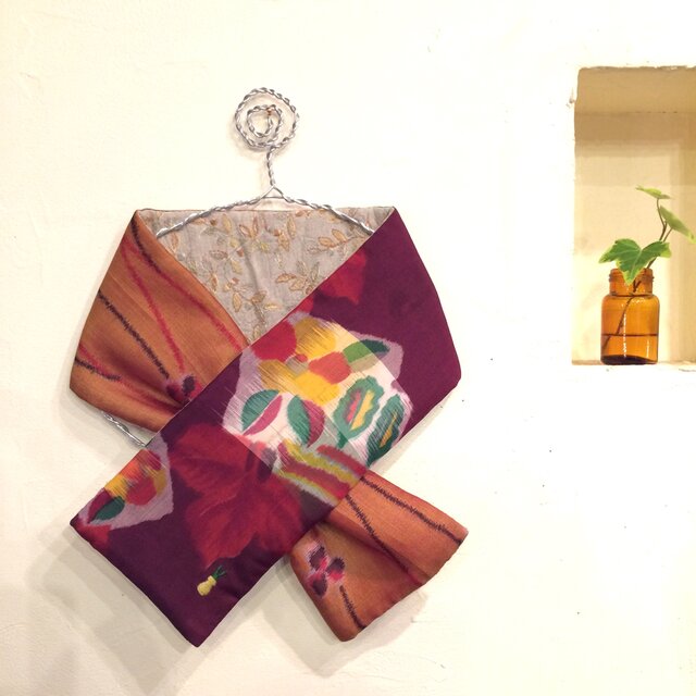 銘仙×リネン刺繍の小さな襟巻き174  ストール ネックウォーマー プチマフラー