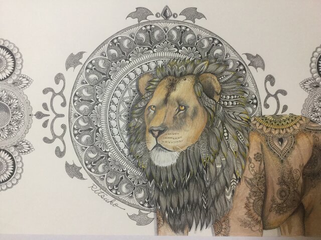 ライオンの咆哮 ボールペン画 絵画 額装付き 一点物