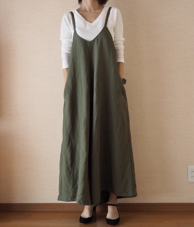 大人のワイドサロペットパンツ カーキ SMLの画像1枚目