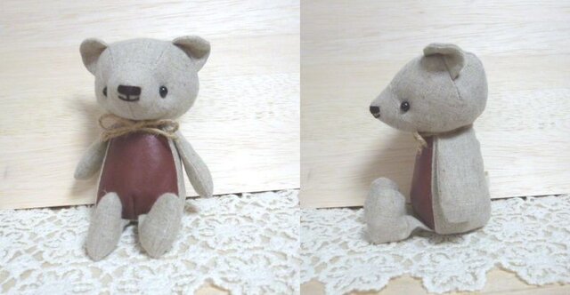【受注制作】リネンとレザーのくまちゃん(ダークブラウン)の画像1枚目
