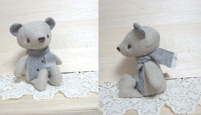 【受注制作】リネンとウールのくまちゃん(グレードット)の画像1枚目