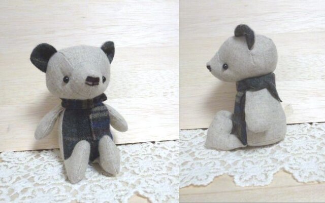【受注制作】リネンとウールのくまちゃん(グレーチェック)の画像1枚目