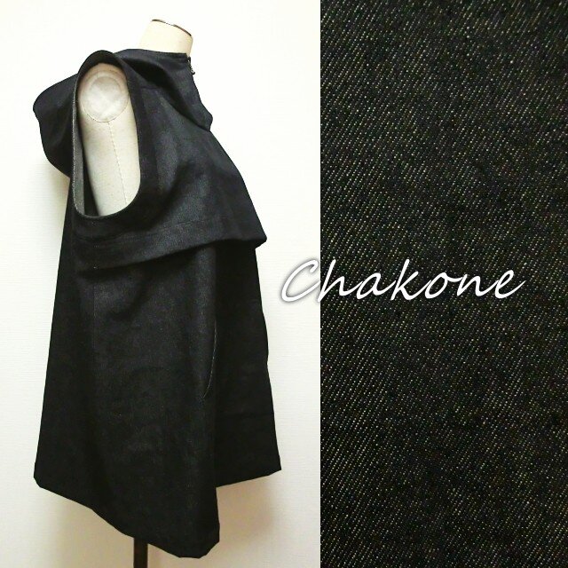 【ベスト】デニム生地 フード付きチュニック・パーカー・ベスト ハイネック(ジッパー付き)