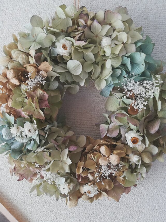 《送料無料》[再販]あじさいと白いお花のリース