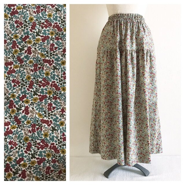 あったか可愛いコーデュロイのティアードスカート（プチフラワー：グリーン）