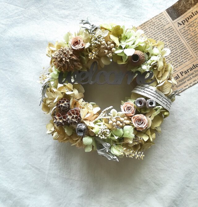 【送料無料】ドライアジサイとピンクローズのwelcome   wreath