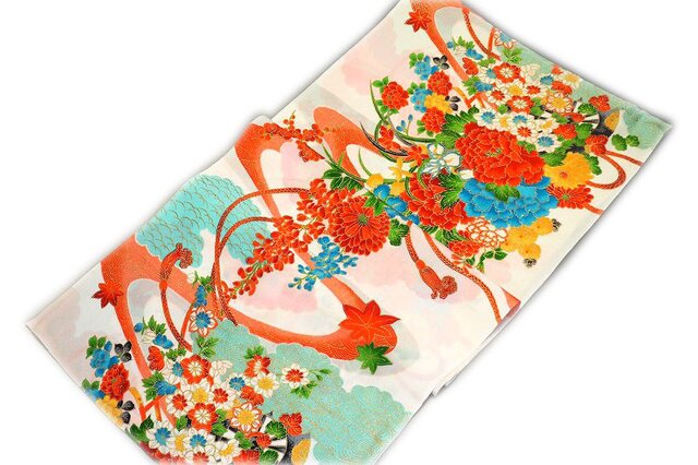k000201 花尽くし紋様子供着物ハギレ☆古布・古裂 /筒描き/型染め/藍染/絞り/錦紗縮緬の画像1枚目