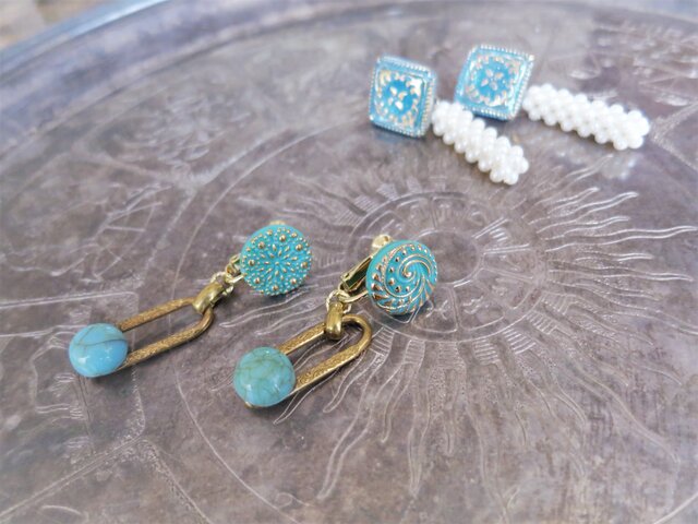 ターコイズグラスイヤリング vintage earrings turquoise <ER-tqw>の画像1枚目