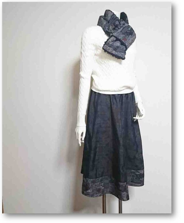 142　大島紬リメイク6枚はぎギャザーフレアスカート