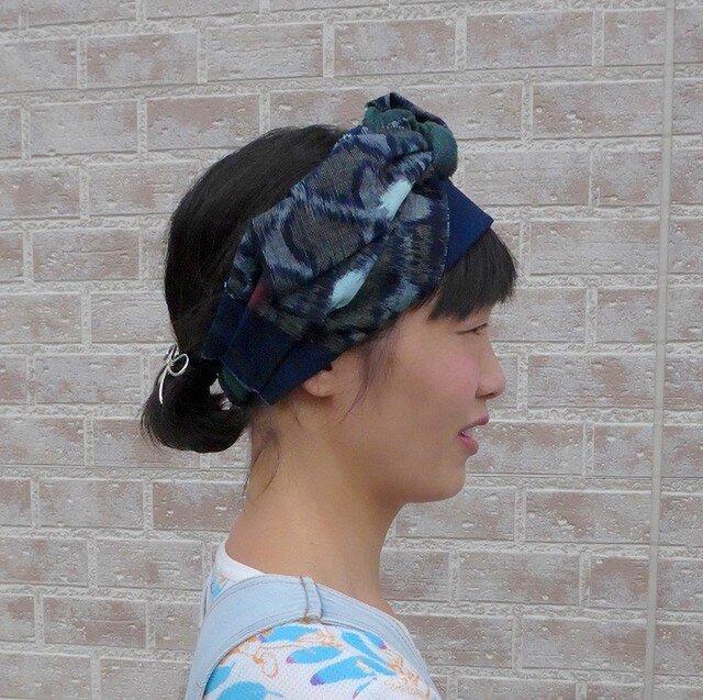 絣x藍x蚊帳のボリュームターバンの画像1枚目