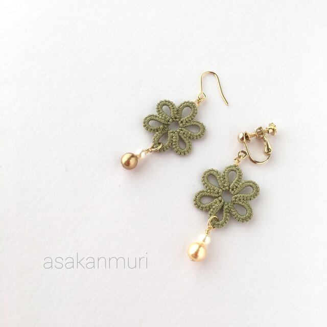 tatting lace earring/pierce【green flower】の画像1枚目