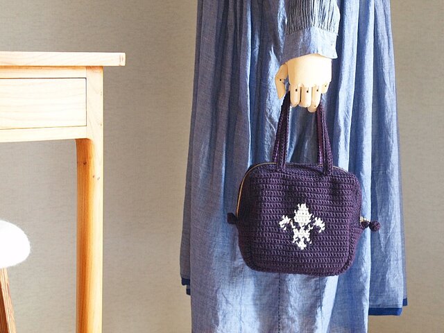 WOOL!ミニスクエアボストンバッグ*fleur-de-lis*プラムの画像1枚目