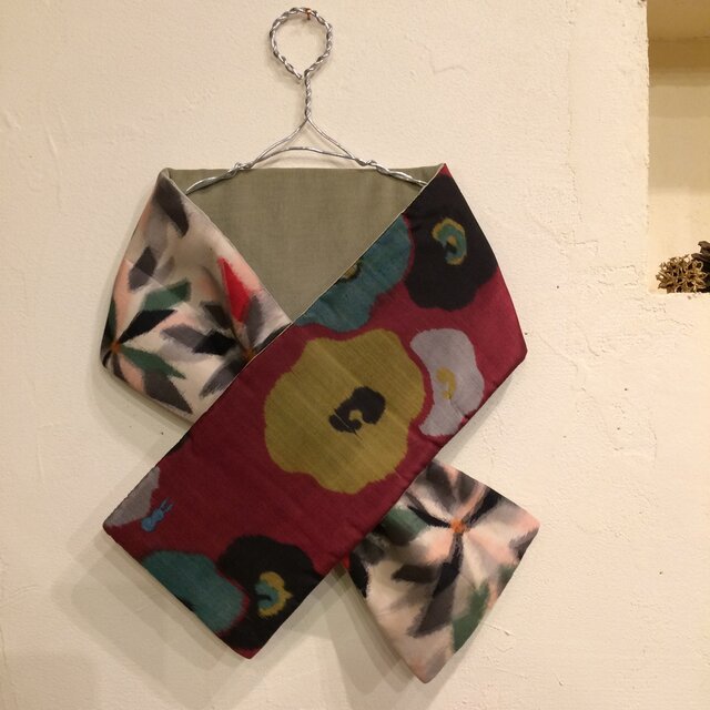 銘仙×別珍の小さな襟巻き（若草）198 ストール ネックウォーマー プチマフラー