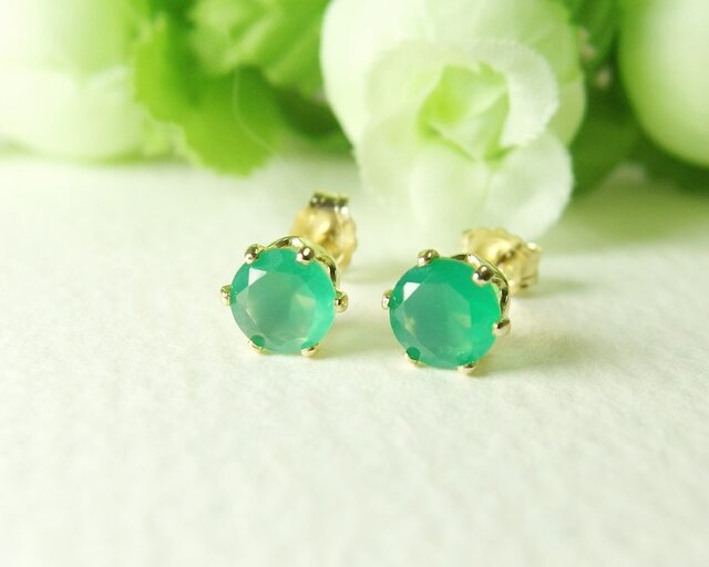 *P39*天然石グリーンオニキスAAA(淡色 ブリリアントカット5mm)☆一粒ピアスの画像1枚目