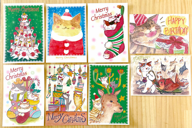 猫のポストカード：クリスマス：お得８枚セットの画像1枚目