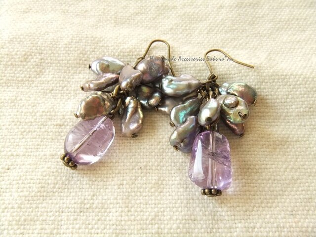 Pierces or Earrings アメシスト 淡水パール(P0781)の画像1枚目