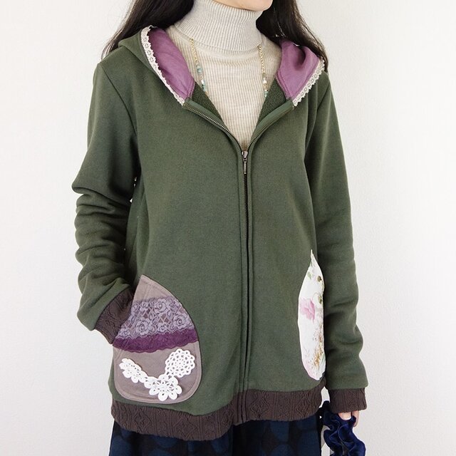 [予約販売]　カーキニットレースコラージュとフラワーパーカー