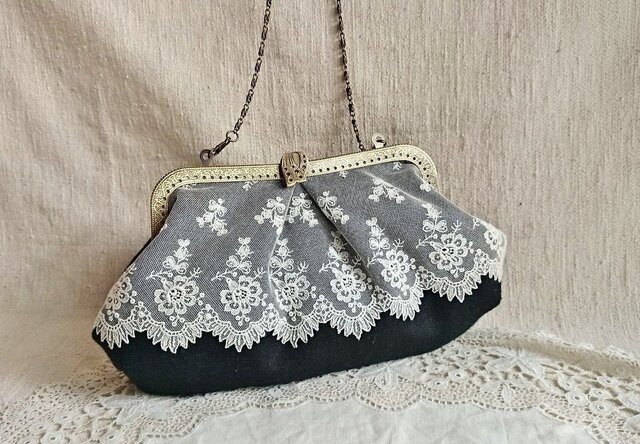 MUGIBAG*ブラックチュールレース*がま口バッグ*バンブーバッグ*和装