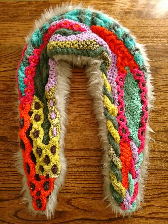 なわ編みショール/カラフルミックス【エコファー裏地つき】