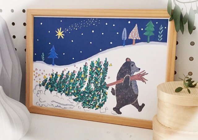 812【北欧風クリスマスの準備をするクマのインテリアポスター】A4・A3の画像1枚目